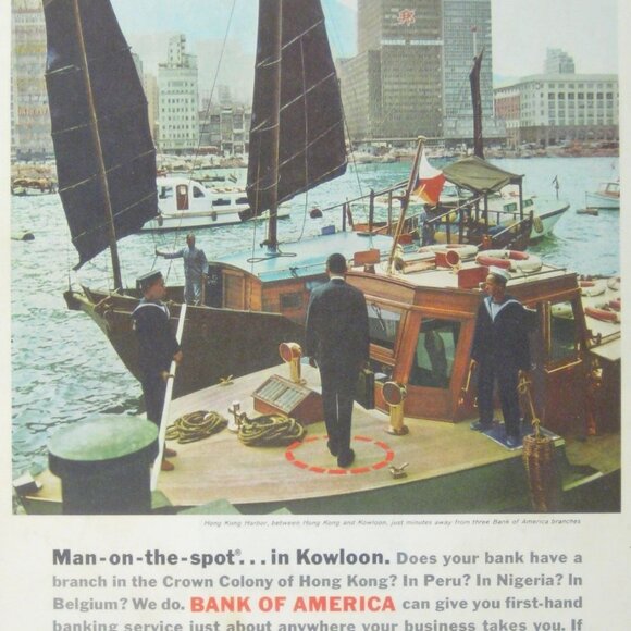 Vintage 1960s Bank Of America Print Ad Kowloon Hong Kong Harbor Scene Boats - Picture 2 of 2
